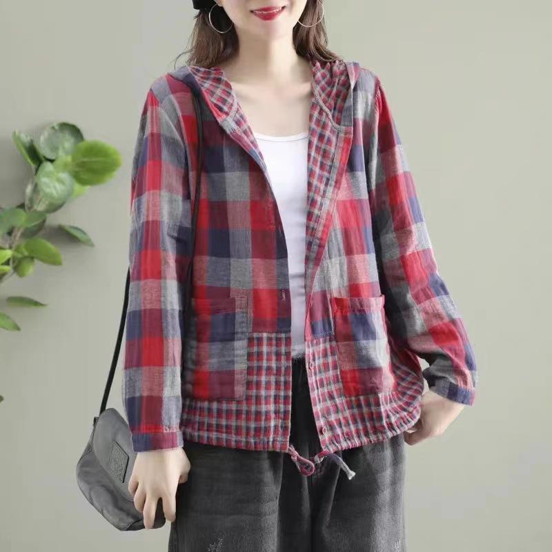 Korean Fashion Designer Women's Spring Loose Hooded Plaid Shirts Ladies Linen Casual Blouses Classic Oversized