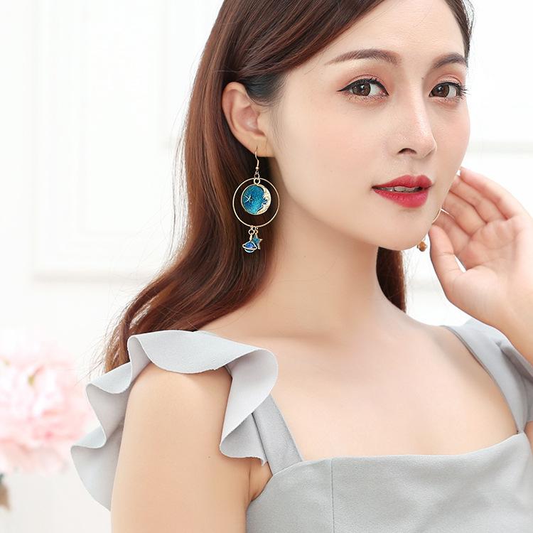 Japanese Small Fresh Blue Star Moon Earrings Symmetrical Versatile Planet Geometric Round Ear Hook Long Earrings