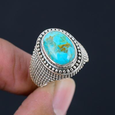 10X14 Mm Natural Blue Turquoise Gemstone 925 Sterling Silver Oval Shape Handmade Ring For Women & Girls