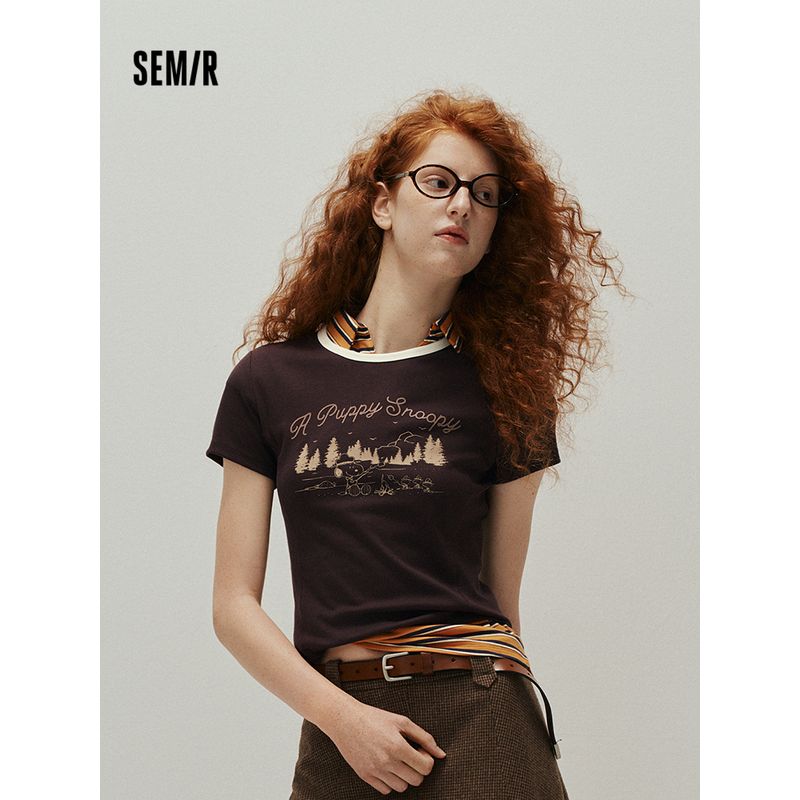

Senma Snoopy Short-Sleeved T-shirt Women s Short Tight Contrast Color Retro Style Summer Small Print Tops Red-white tone 00316 155/80A/S