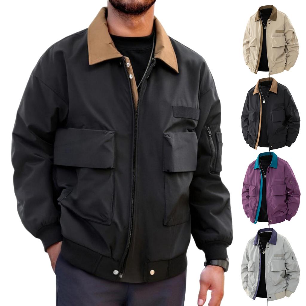 Herren Casual Retro Color-blocking Fliegerjacke, Herren Langarm Revers Mehrere Taschen Arbeitsjacke