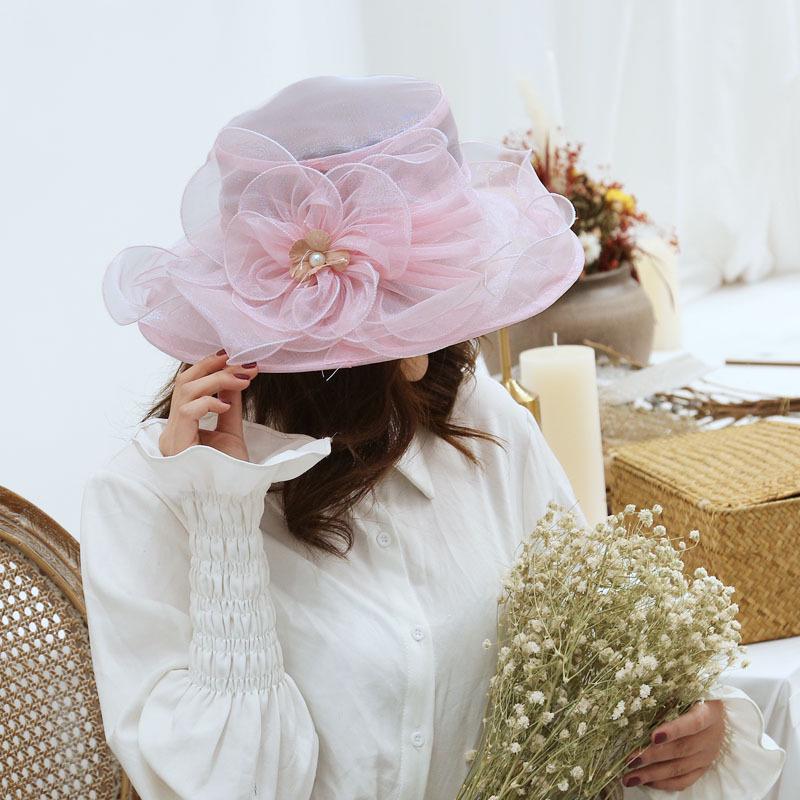 Women's Bright Color Sun Protection Hat - Breathable Organza with Single Flower for Spring/Summer Beach Travel