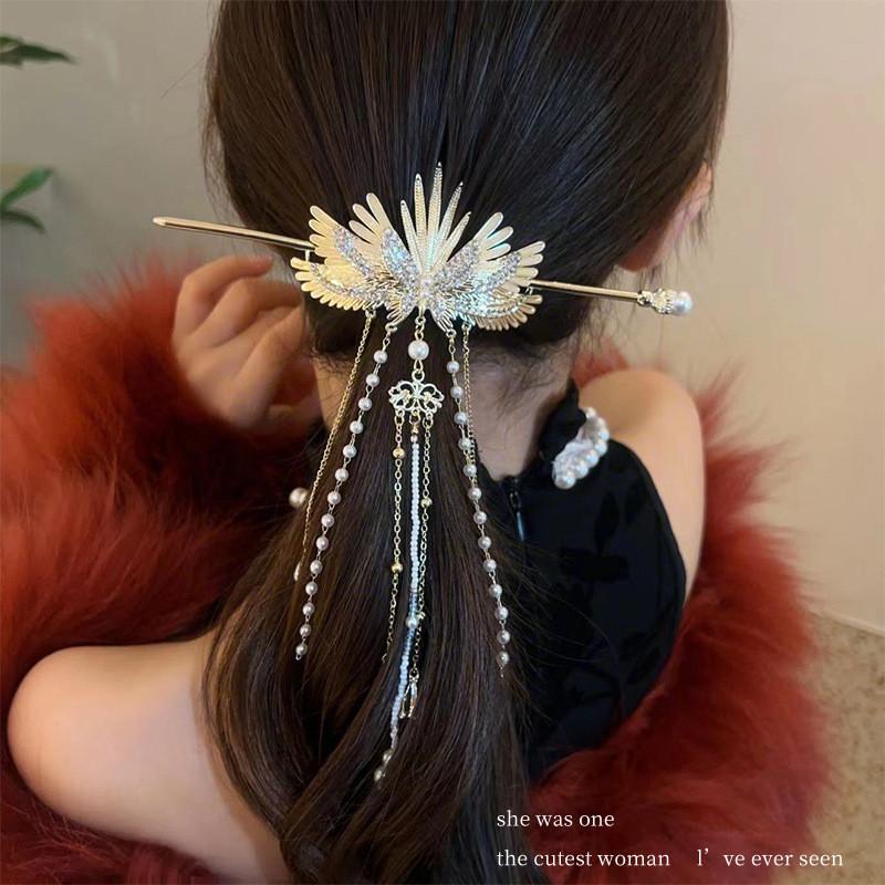 Vintage-Inspired Angel Wings Hair Clip Exquisite Faux Pearl Tassels Rhinestone Embellishments Zinc Alloy Metal Hairpin