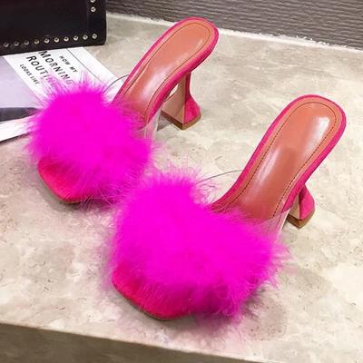 Pantoufles Maogu Plume PVC Transparent Talons Hauts Sandales Fourrure Bout Ouvert Talon Aiguille Chaussures Diapositives Dames Femme Été Nouvelles Mules 41