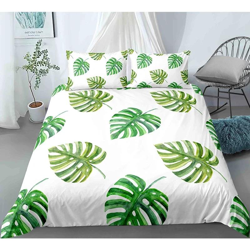Tropical Botanical Leaves King Queen Duvet Cover Green Palm Leaves Polyester Bedding Set for Kids Teens Adults with Pillowcase