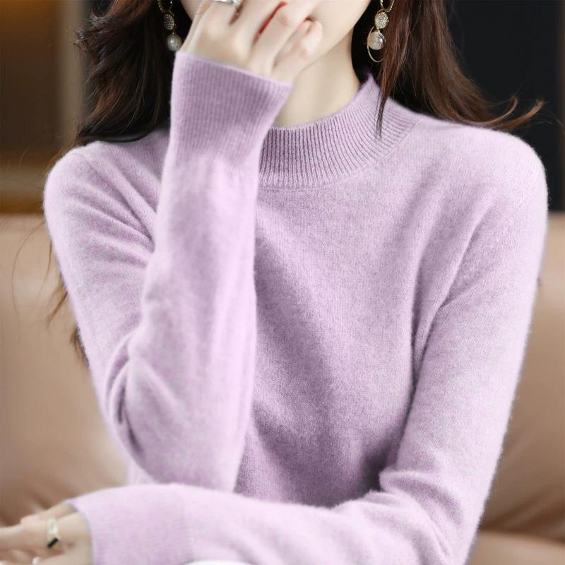 Half High Neck Fashionable Versatile Knitted Sweater for Women, Autumn and Winter Short Style Pullover, Solid Color Loose Sweater Base