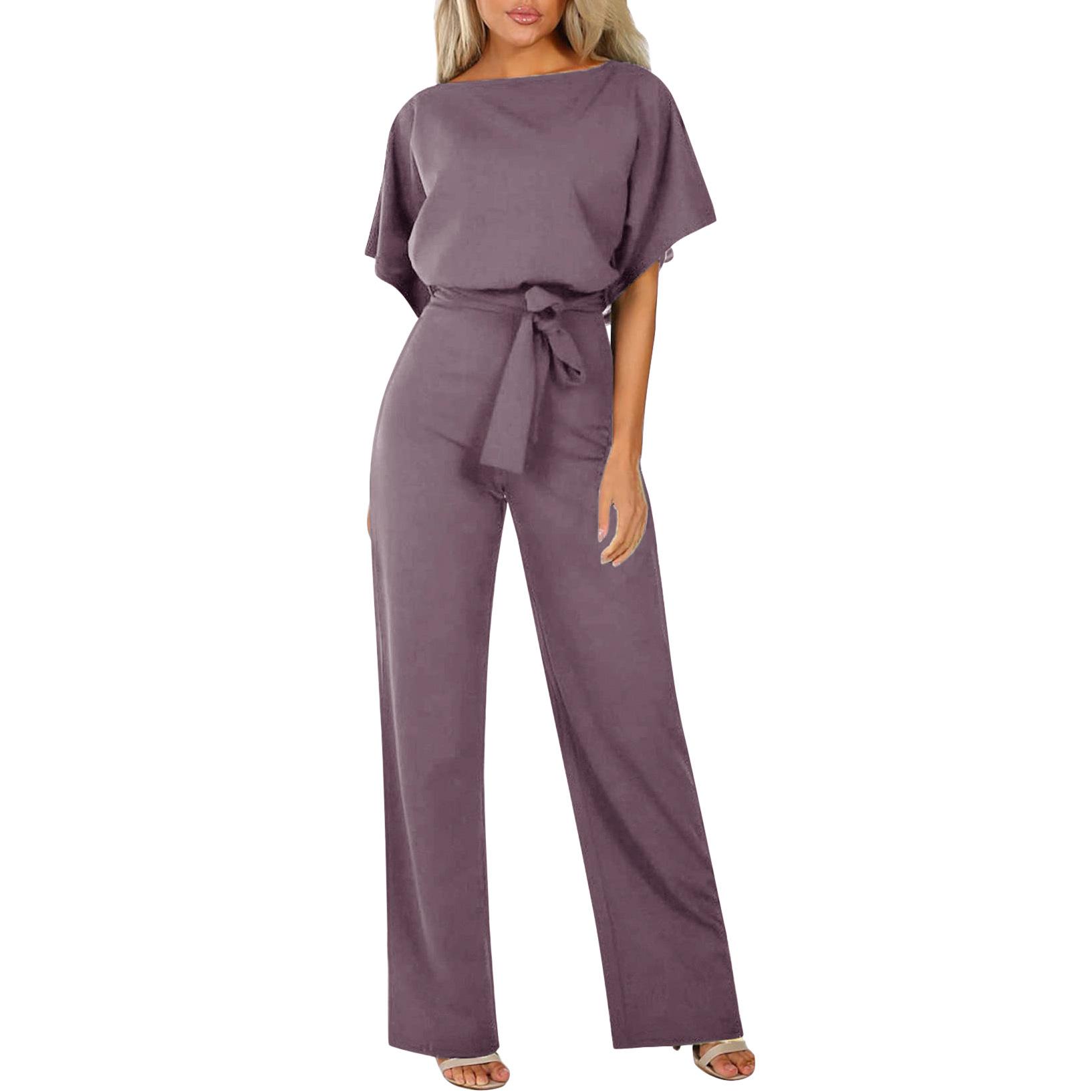 

2026 New Women s Short Sleeve Jumpsuit, Tie Waist Button Front Romper with Straight Leg Wide Pant, Chic Casual & Office Wear for Spring Summer 3XL