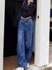 2024 Korean Style High-Waisted Retro Wide-Leg Dark Blue Jeans