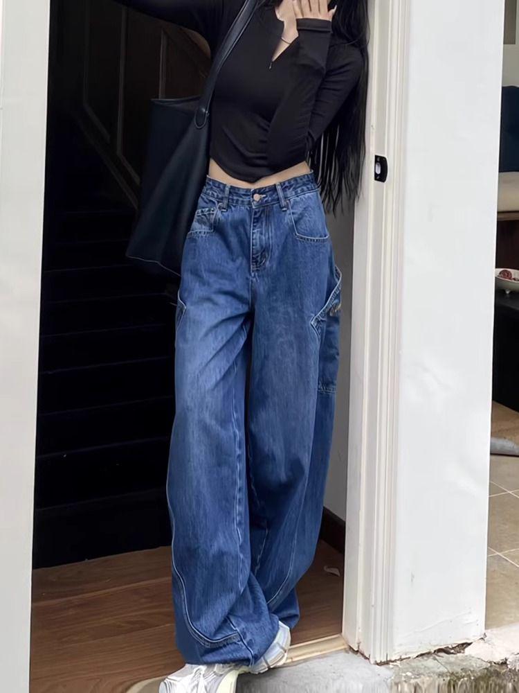 2024 Korean Style High-Waisted Retro Wide-Leg Dark Blue Jeans