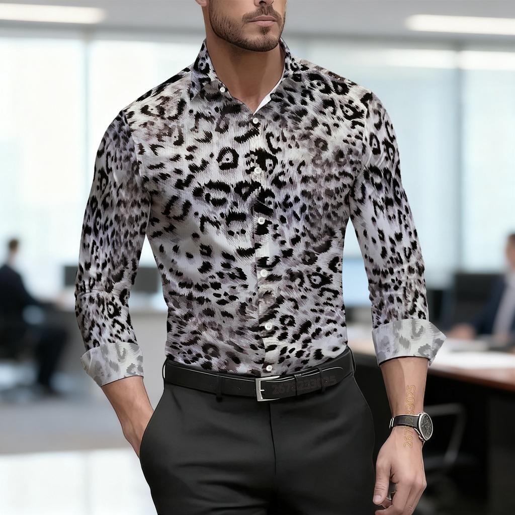 2026 Nuova Camicia da Uomo Personalità Retrò Stampa Leopardata Manica Lunga Business Slim Fit Tendenza Moda Top Casual da Uomo