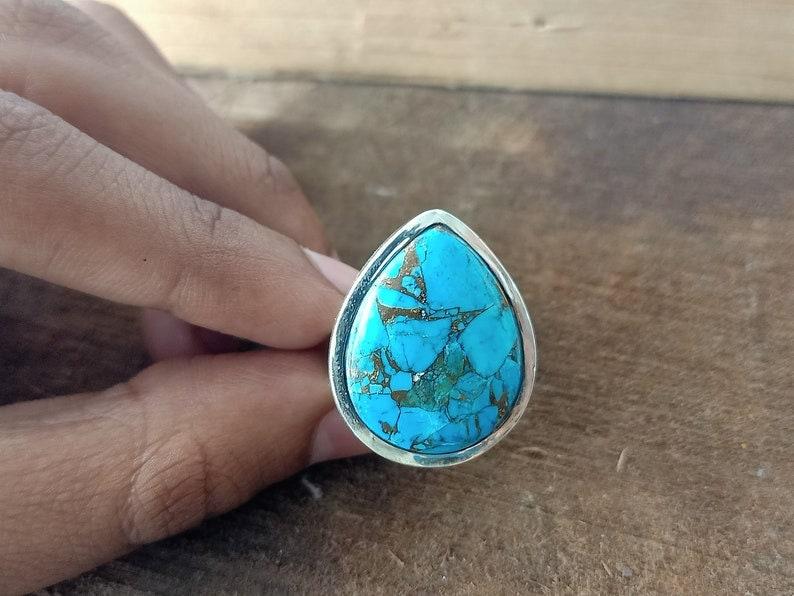 Bague turquoise faite à la main en laboratoire, argent sterling 925, bague poire, bague femme, bague en argent, cadeau d'anniversaire, bague solide