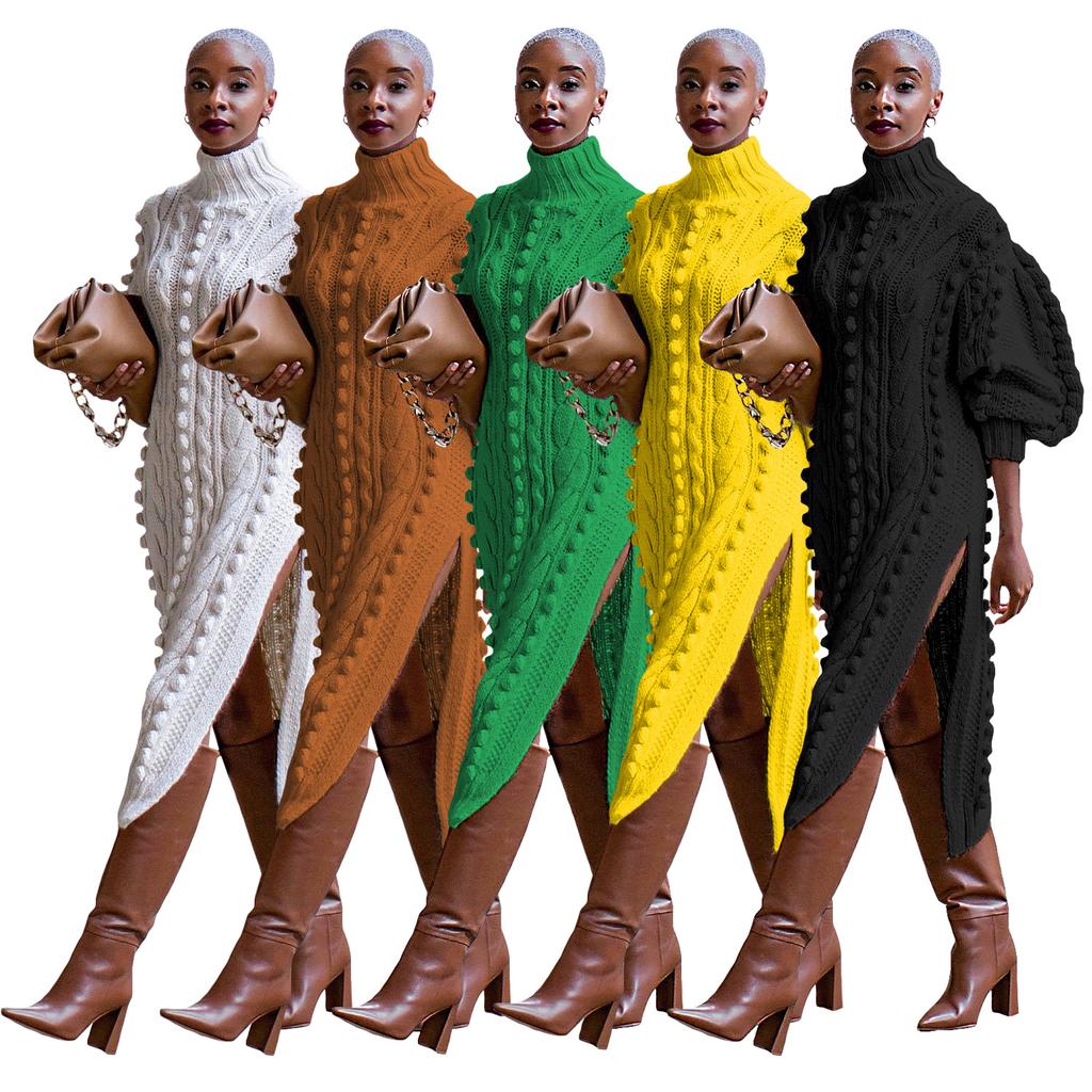 Autumn Women Long Sleeve Turtleneck Knitted Dress Sexy High Split Sweater Dress Casual Warm Winter Thicken Dress Female