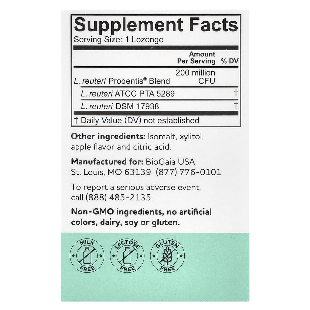 BioGaia, Prodentis Children‘s, Probiotische Lutschtabletten, Apfelgeschmack, 200 Millionen KBE, 30 Lutschtabletten