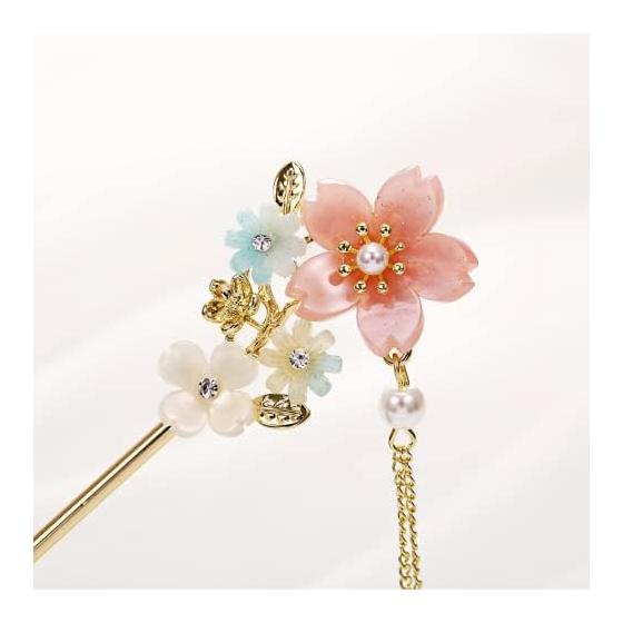 Cherry Blossom Flower Pearl Hair Pin Clip for Bangs, Hair Accessories for Japanese Kimono Yukata, Alloy with Cubic Zirconia Chain