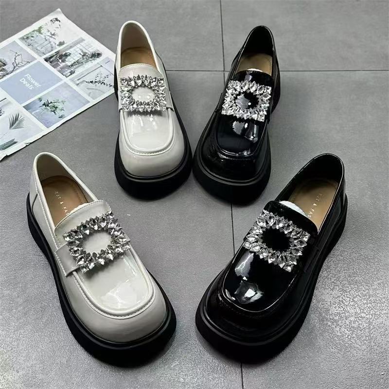 2025 new platform loafers women's black small leather shoes high-end rhinestone thick heel spring and autumn British Mary Jane shoes