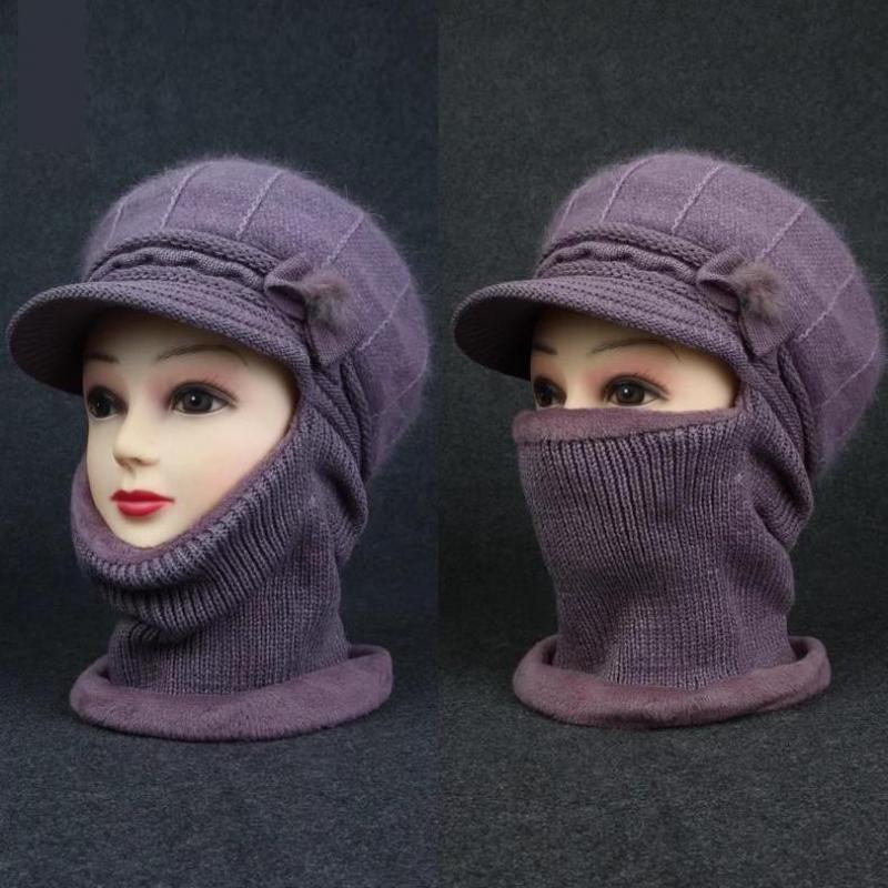 Women'S Rabbit Fur Winter Hat Scarf Combo Windproof Ear Protection For Mothers Thickened Knitted Beanie For Outdoor Riding Gift