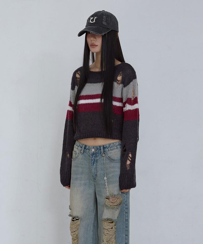 Uusoo Damaged Boat Neck Pullover_ Gray Multi Stripe