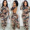 Autumn New Fashion Women's Clothing Sexy Low Back Stretchy Printed Bodysuit Pants