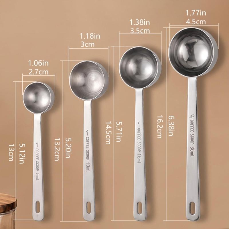Long Handle Measuring Spoons, 4 Piece 304 Steel Set with 5Ml 10Ml 15Ml 30Ml Labeled Scoops for Deep Ingredient Container