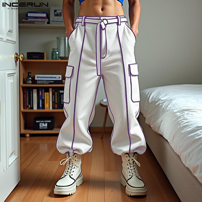 INCERUN Men Zip-up Waist Belt Casual Stitching Thin Harem Pants with Pockets