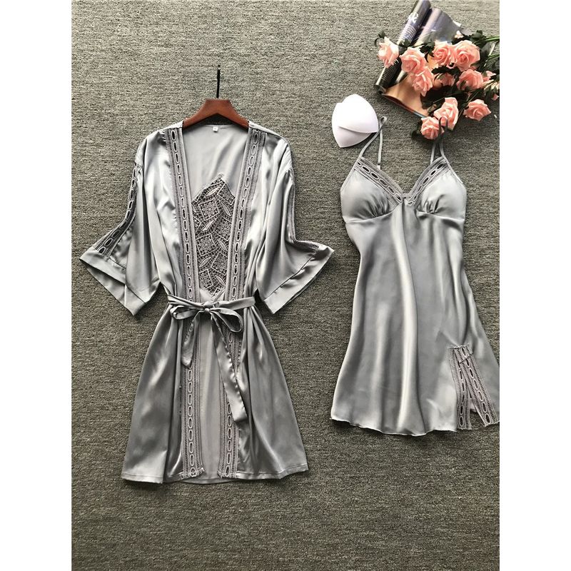 

Suspender Pajamas Female Nightgown Two-Piece Sling Lace Two-piece Set Grey (3129) XL