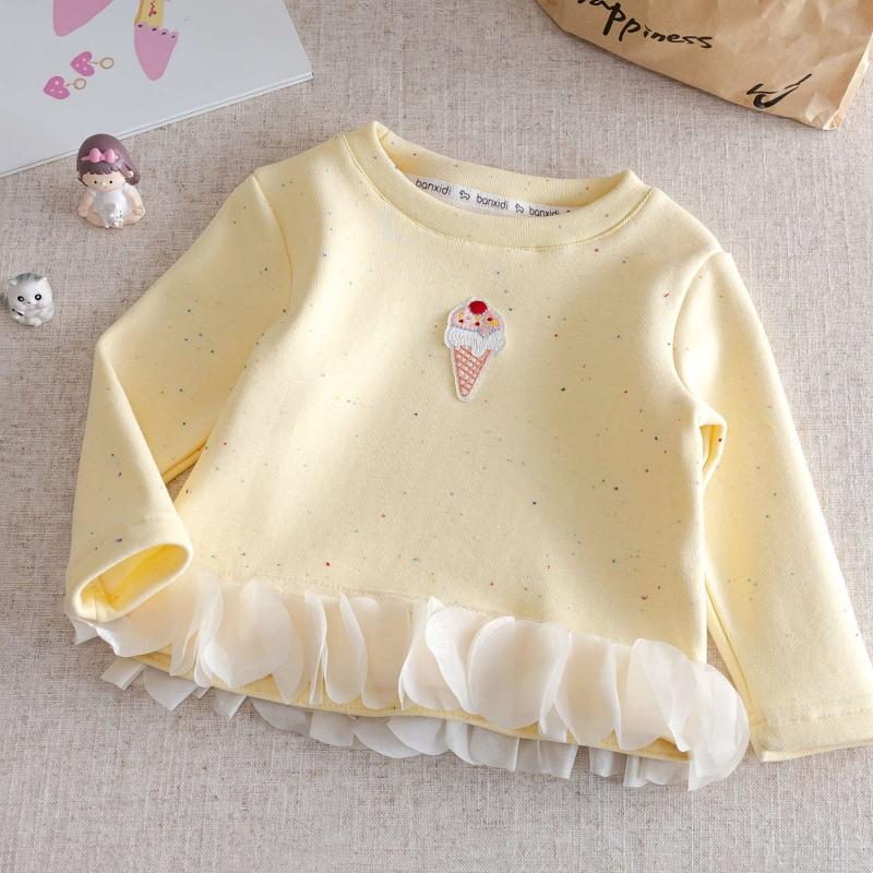Girls Long Sleeve T-shirt Sweet Flower Patchwork Hem Warm Clothes Cotton Blend Comfortable Breathable Round Neck Pullover for Toddlers