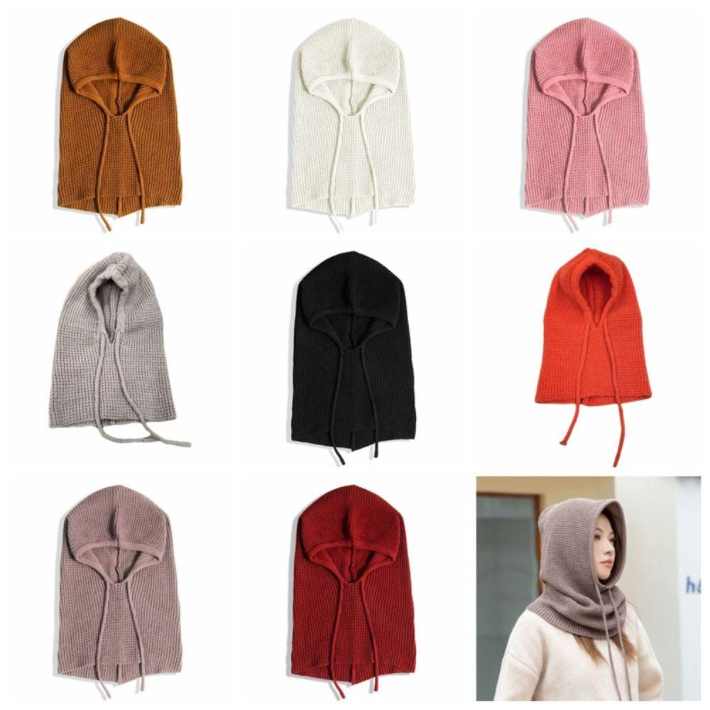 Warm Drawstring Balaclavas Hat Solid Color Winter Neckerchief Drawstring Knitted Hat Streetwear