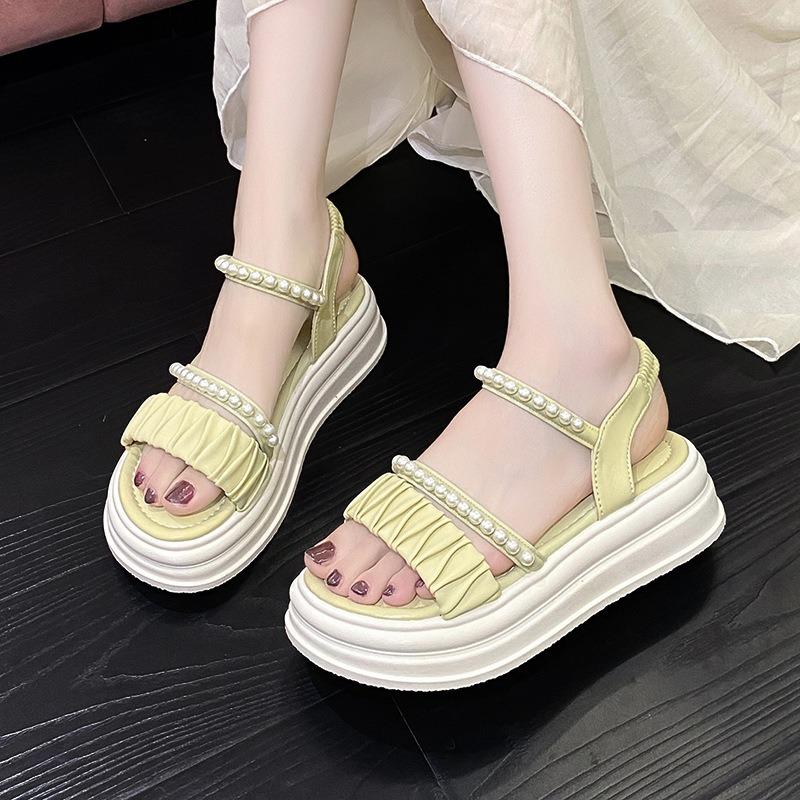

Platform sandals women s summer pearl fashion casual word beach women s shoes 40 желто-зеленый