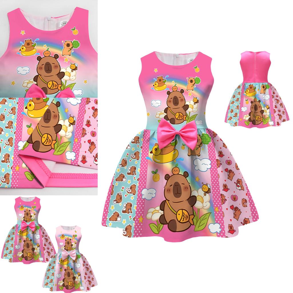 Vestito Ragazza Capibara con Fiocco a Farfalla per Festa Primavera Autunno Bambini