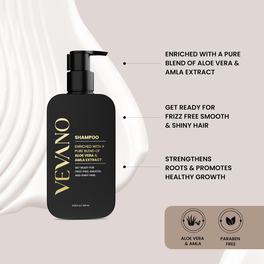 VEVANO Shampoo with Aloe Vera & Amla Extract | Frizz Control, Smooth & Shiny Hair | Strengthens Roots & Promotes Healthy Growth | Paraben Free | Su