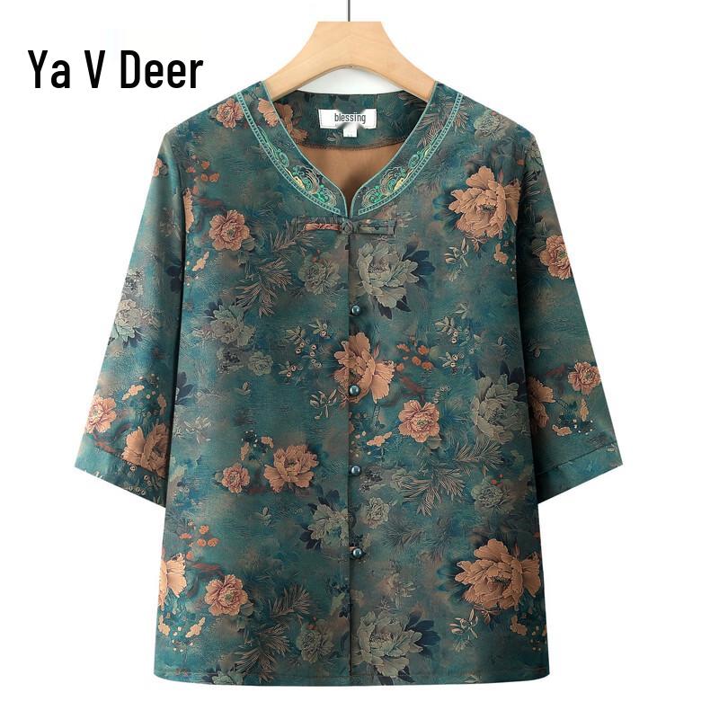 Yalulu Women s Chinese Style Floral V-Neck 3/4 Sleeve Blouse XL