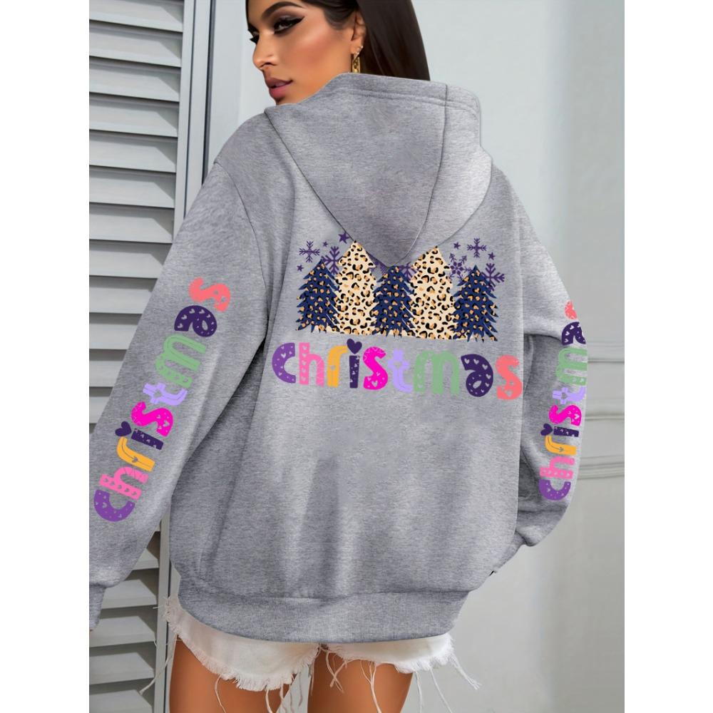 Merry Christmas Leopard Trees Printing Hoodie Women Hip Hop All-Match Streetwear Casual Loose Hoodies Autumn Woman Hoody