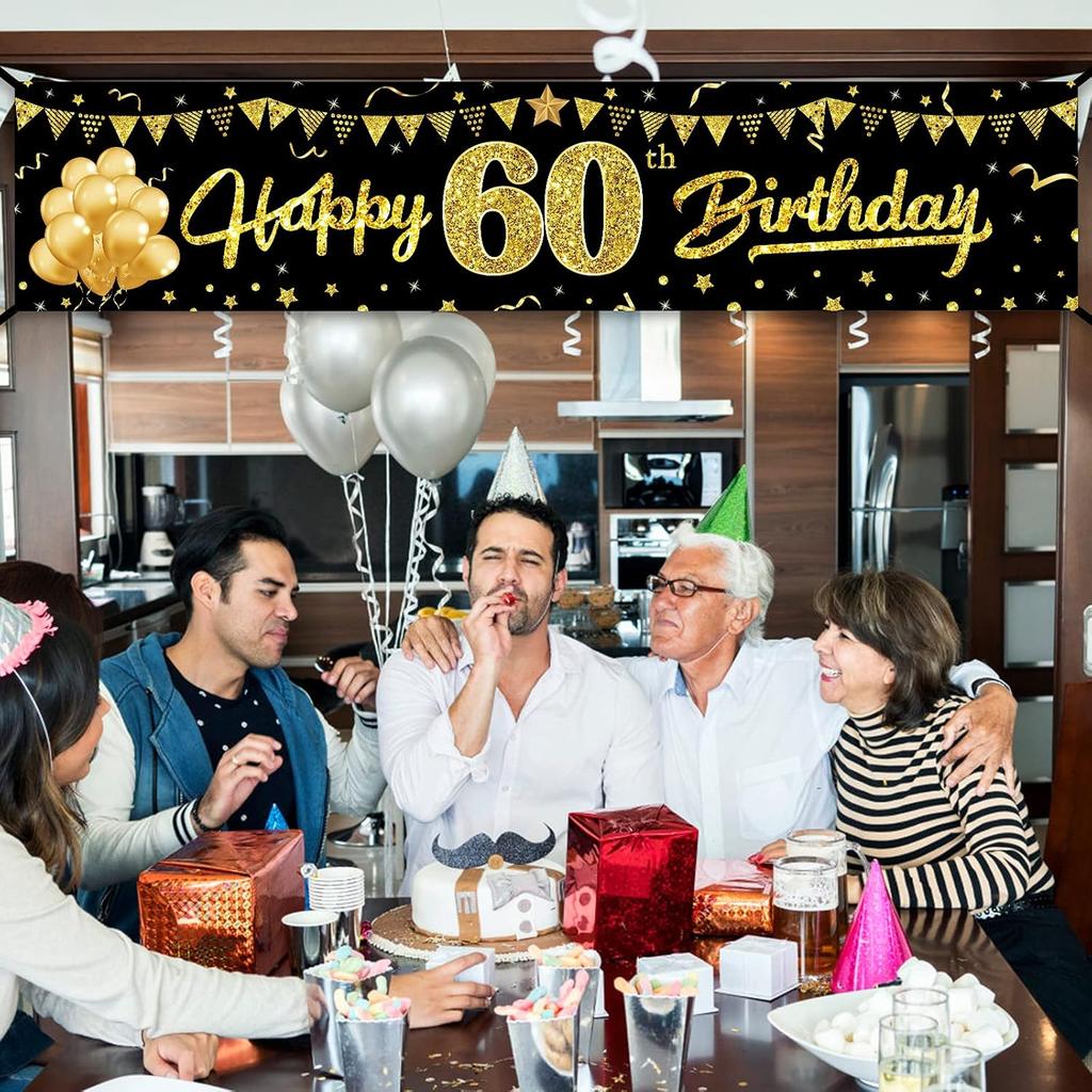 Happy 60th Birthday Banner Decorations for Men Women, Black Gold 60 Birthday Sign Party Supplies for Yard, Funny Sixty Birthday Party Backdrop Decor
