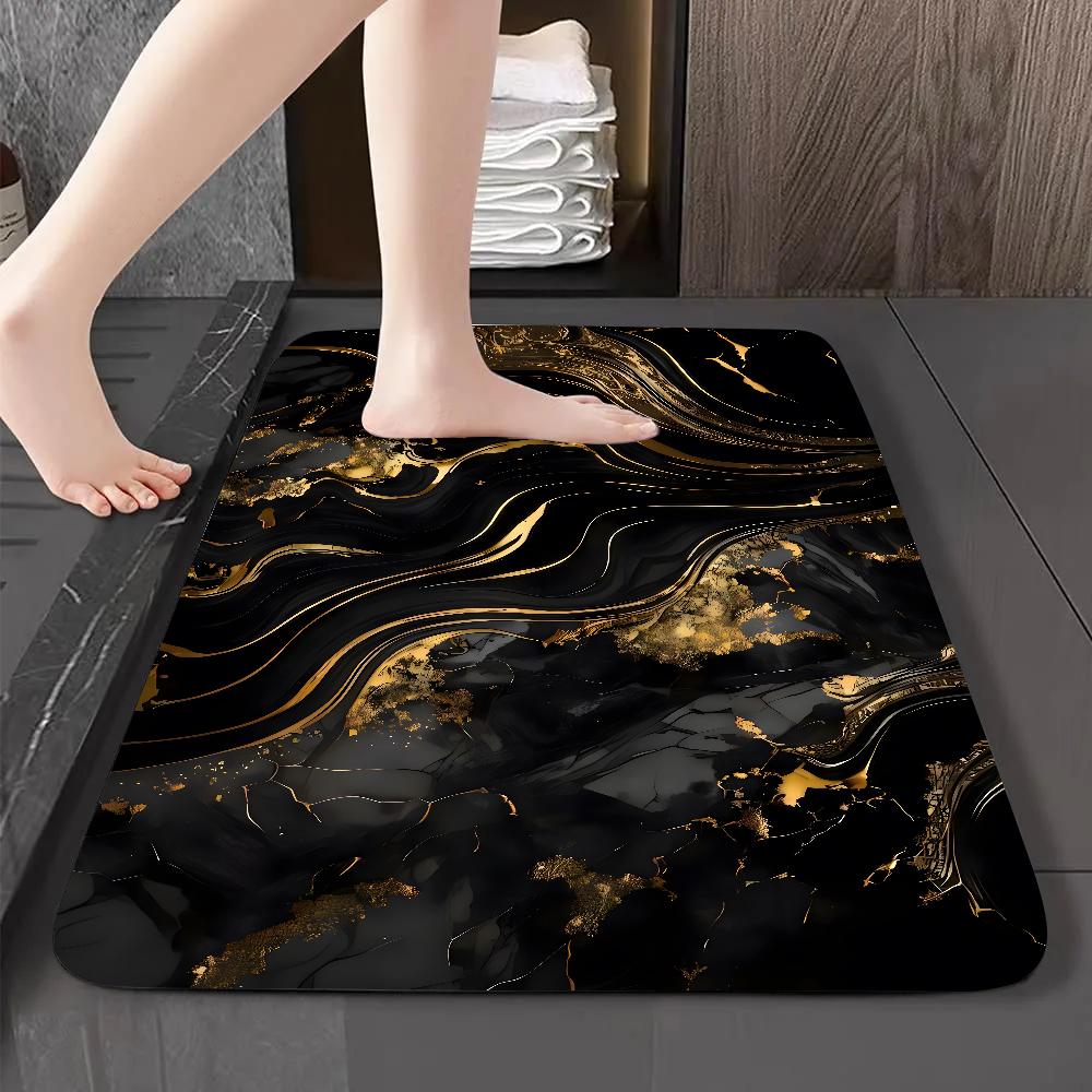Luxury Black Gold Marble Floor Mat Graphic Printed Flannel Doormats for Bathroom Kitchen Entrance Carpet Home Decor
