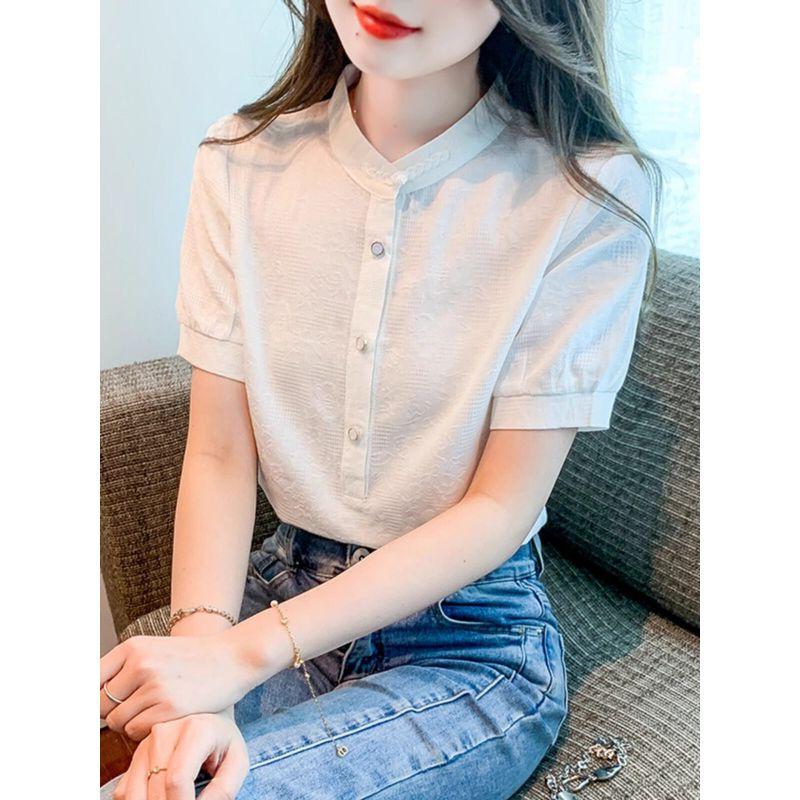 Chinese Style Stand-up Collar Frog Button Women's Shirt Summer 2025 New Arrival Loose All-Matching Top Thin Short Sleeve Cotton Shirt
