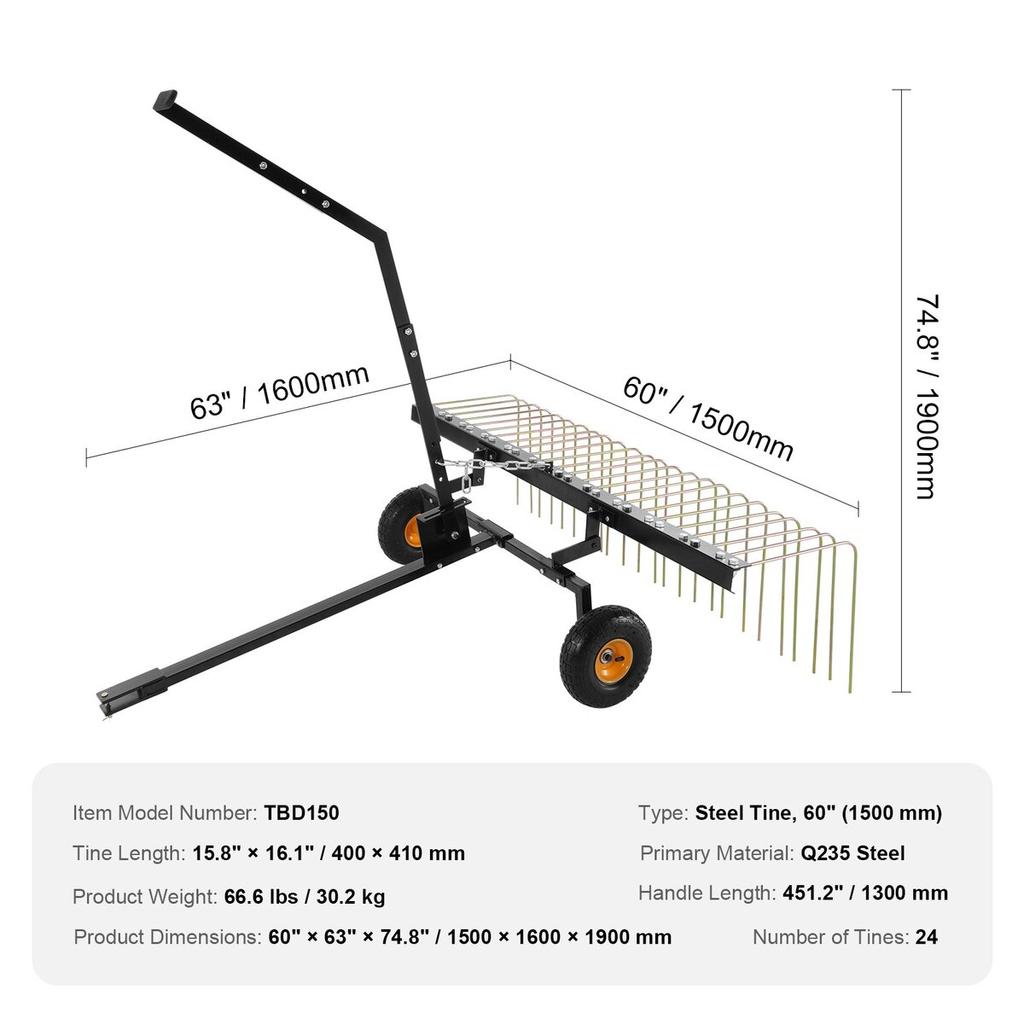 Tow Behind Dethatcher 60" Lawn Dethatcher Rake for ATV or Mower 24 Tines