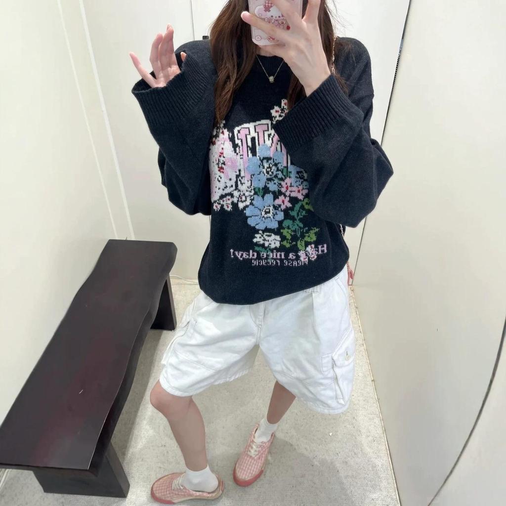 Wool Blend Floral Letter Pattern Round Neck Loose Sweater