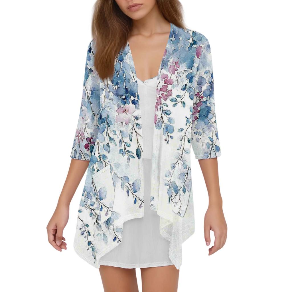 Damen-Cardigan mit unregelmäßigem Dreiviertelärmeln und Druck und Taschenjacke
