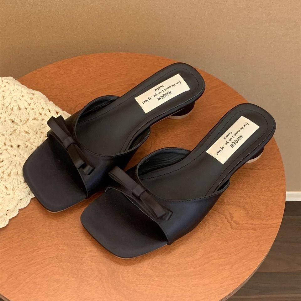 French gentle fairy one-word slippers female 2025 summer wear new bow thick heel sandals high heel sandals