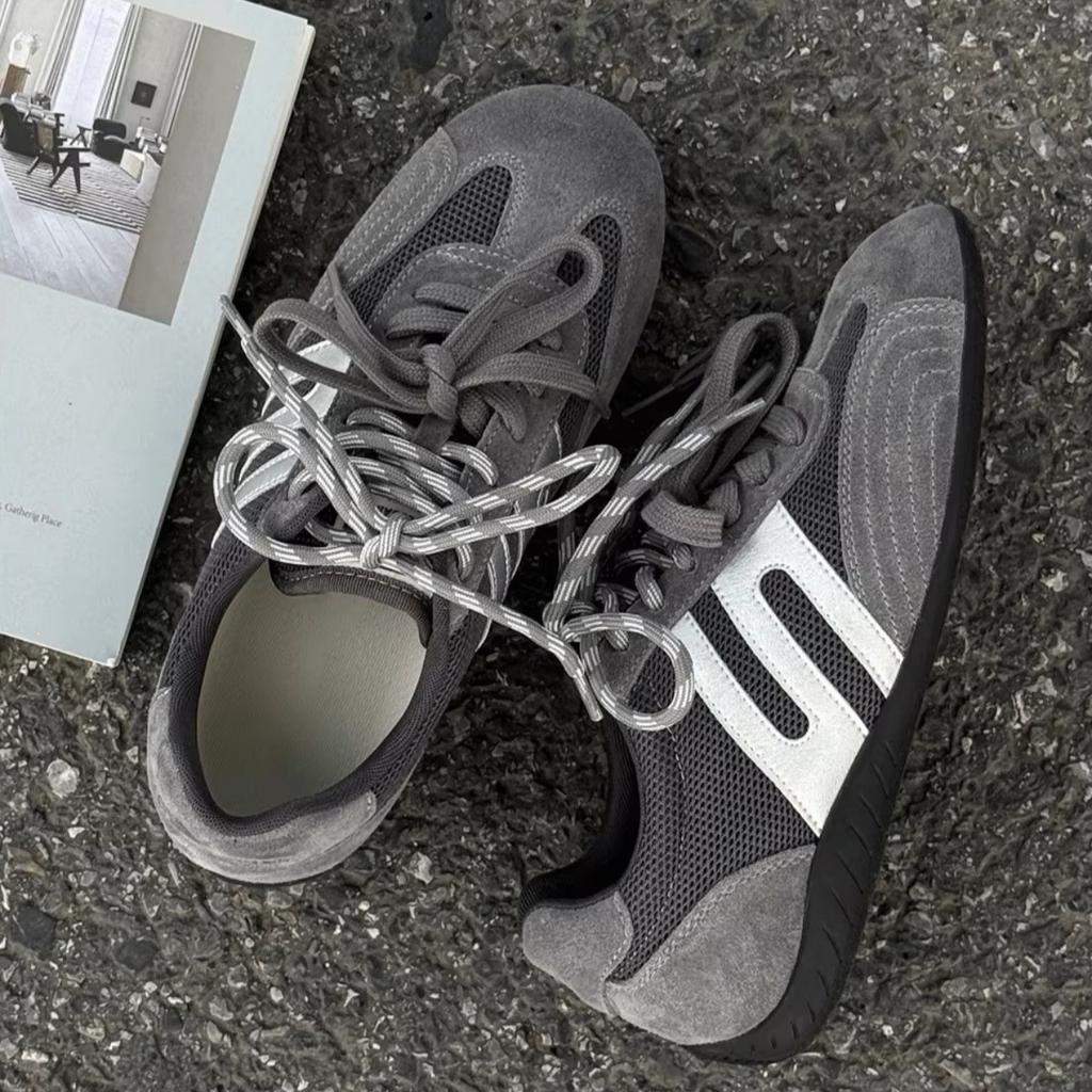 Cow velvet~ gray lace-up casual moral training shoes women's mesh splicing design sports style flat leather Forrest Gump shoes