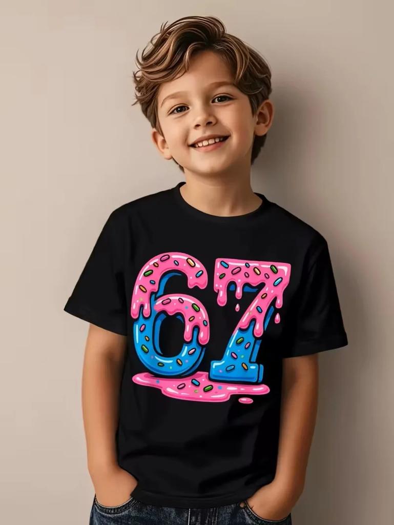 Cute Meme T-Shirt for Boys Girls Childrens Six Seven Funny Kids Y2k Tees Tops 67 Brainrot Print Round Neck Short Sleeve T Shirt