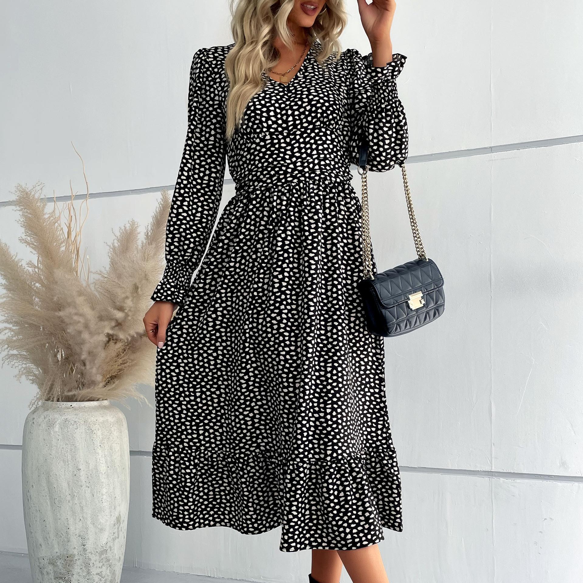 Amazon s new autumn and winter French cross-border foreign trade skirt, printed skirt, medium and long-sleeved dress S