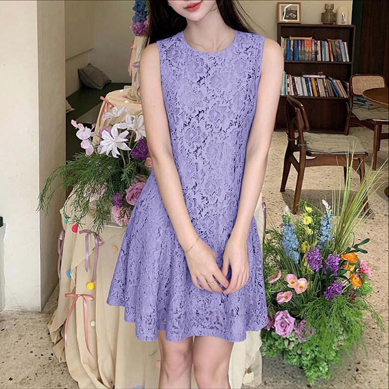 ZANZEA Women Round Neck Summer Casual Sleeveless Patchwork Lace Dress