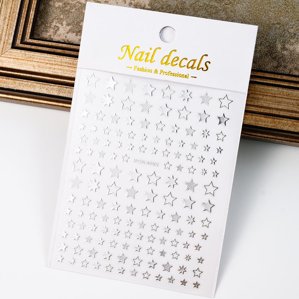 Black White Star 3D Nail Art Sticker Y2K Pentagram Self-Adhesive Decals Laser Shiny Glitters Starlight Manicure Ornaments Slider