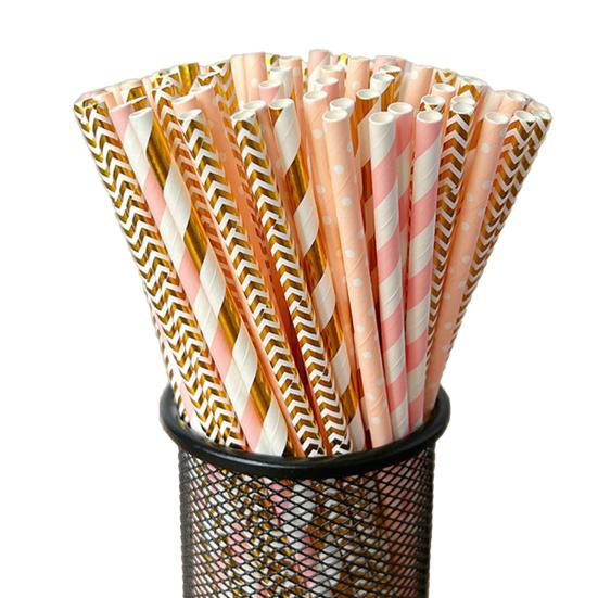 100Pcs Biodegradable Paper Straws Colorful Striped Print Food-Grade Safe Drinking Straws Party Supplies
