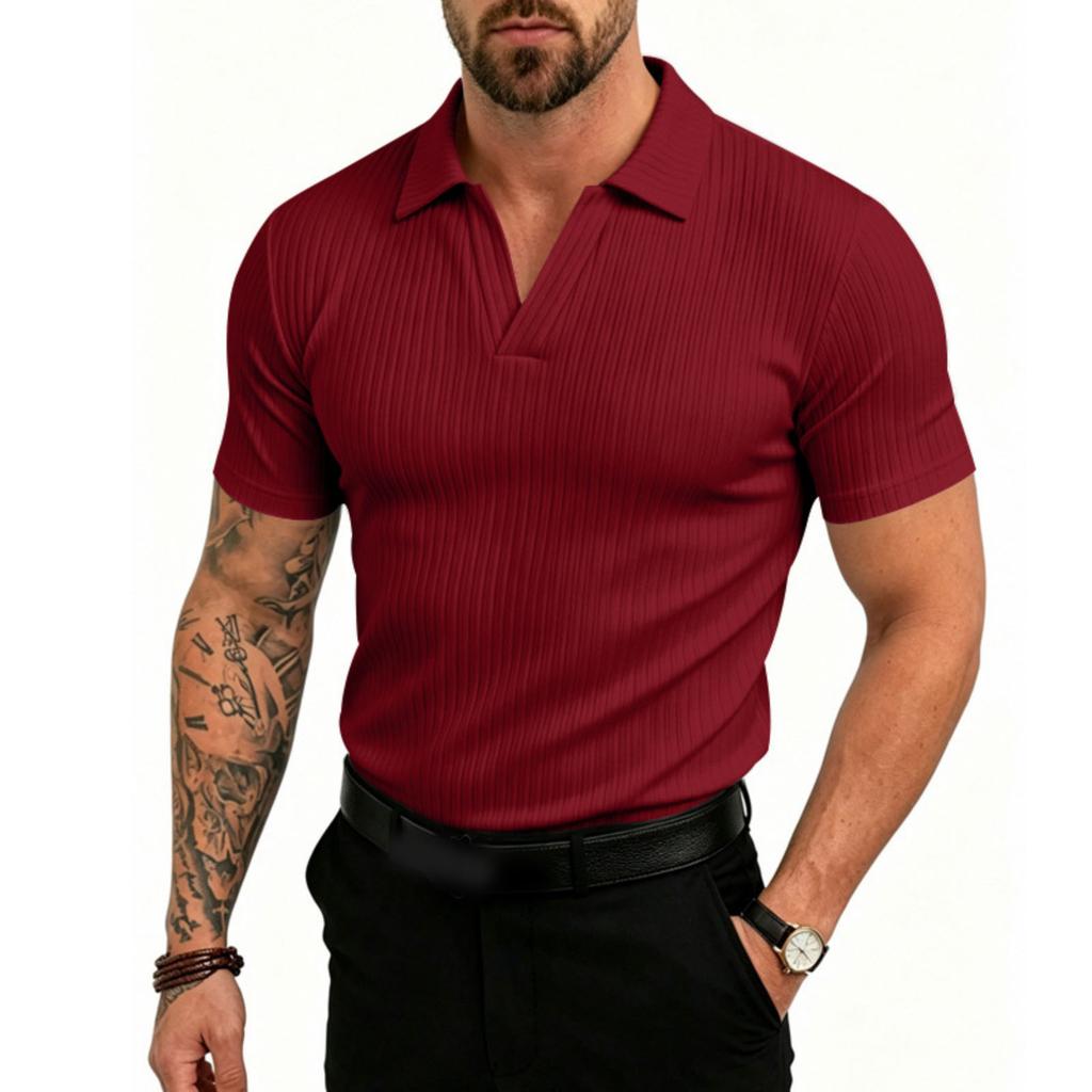 Men's Stretch Breathable Polo Shirt V Neck Ribbed Knit Short Sleeve T Shirt Casual Lightweight Summer Top