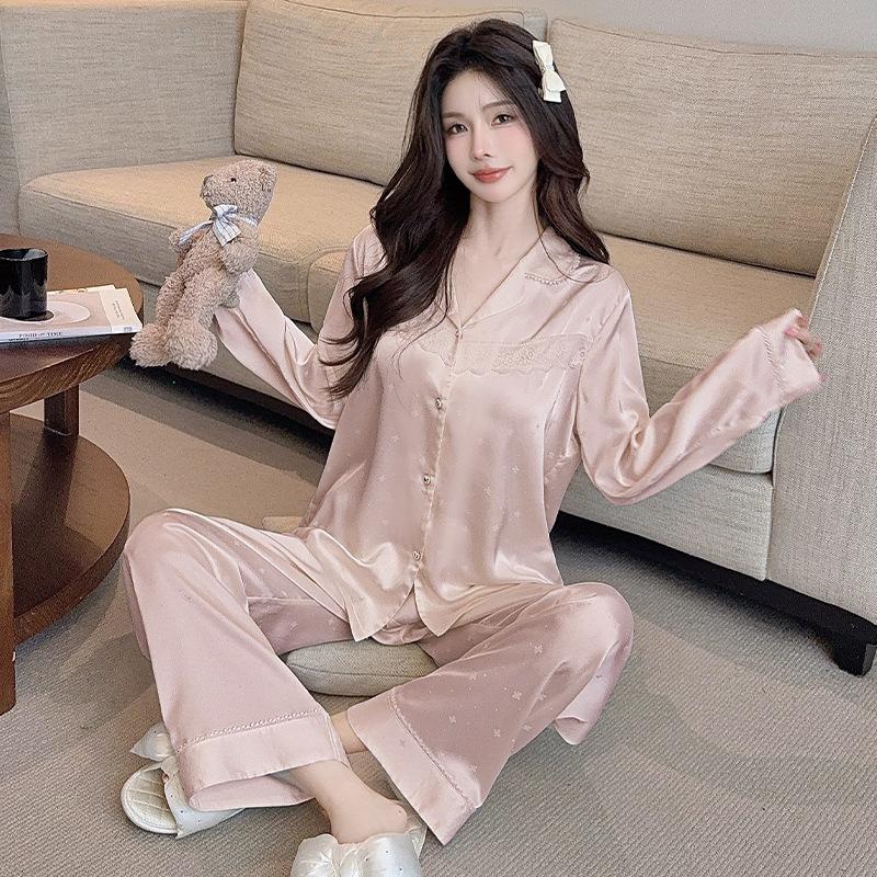 Vernis long-sleeved ice and snow silk pajamas women's spring light luxury high-end lace simulation silk loungewear set