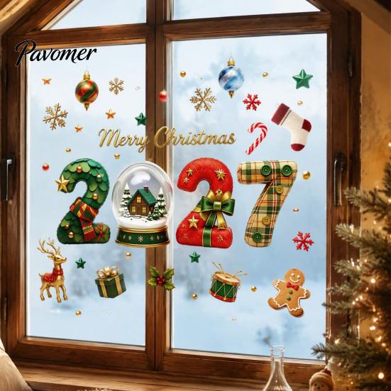 Holiday Glass Stickers Christmas Window Clings, Static Sticker with Merry Christmas, Elk Gingerbread Festive Shop Displays Man Decals, PVC