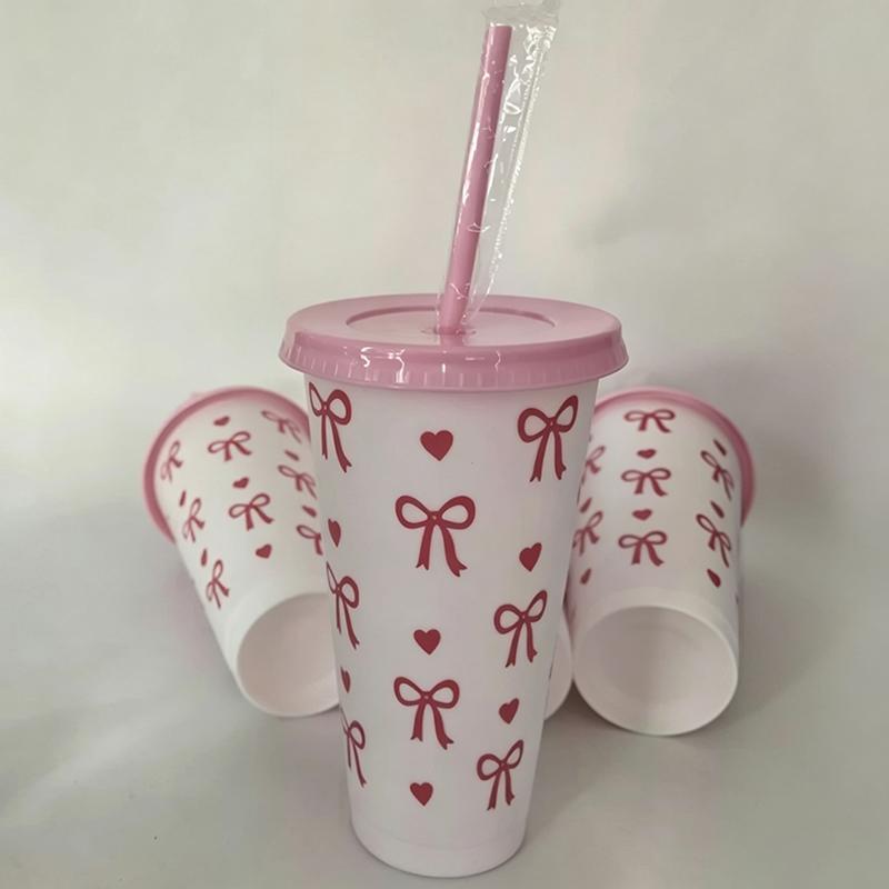 710Ml/24Oz Bowknot Plastic Cup With Lid Leak-Proof Summer Straw Cup Cute Coffee Cup Cold Drink Cup Reusable Water Cup