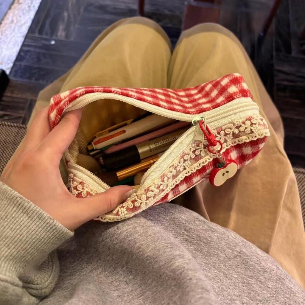 Large Capacity Red Plaid Pencil Case - Cute Design Stationery and Makeup Bag for Women